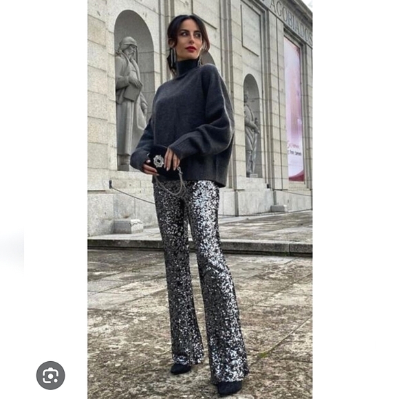 Zara FLARED SEQUIN PANTS LEGGINGS - Picture 1 of 7